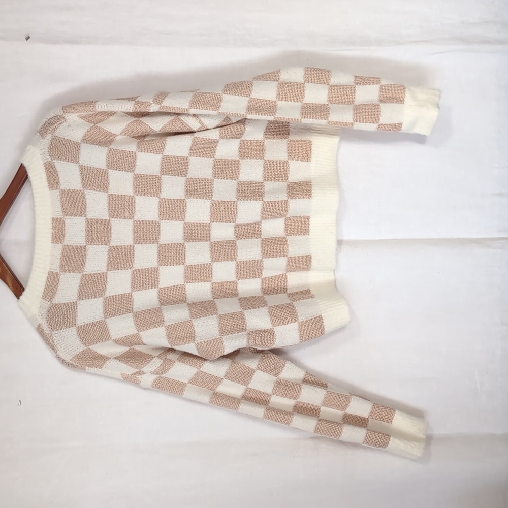 Debut Tan White Checker Print Crewneck Cropped Sweater Oversized Size Small - Picture 4 of 4